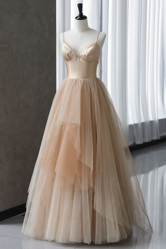 Beautiful Gradient Champagne Straps Low Back Long Formal Dresses, Cham Simplepromdress Beautiful Gradient Champagne Straps Low Back Long Formal Dresses, Cham Simplepromdress