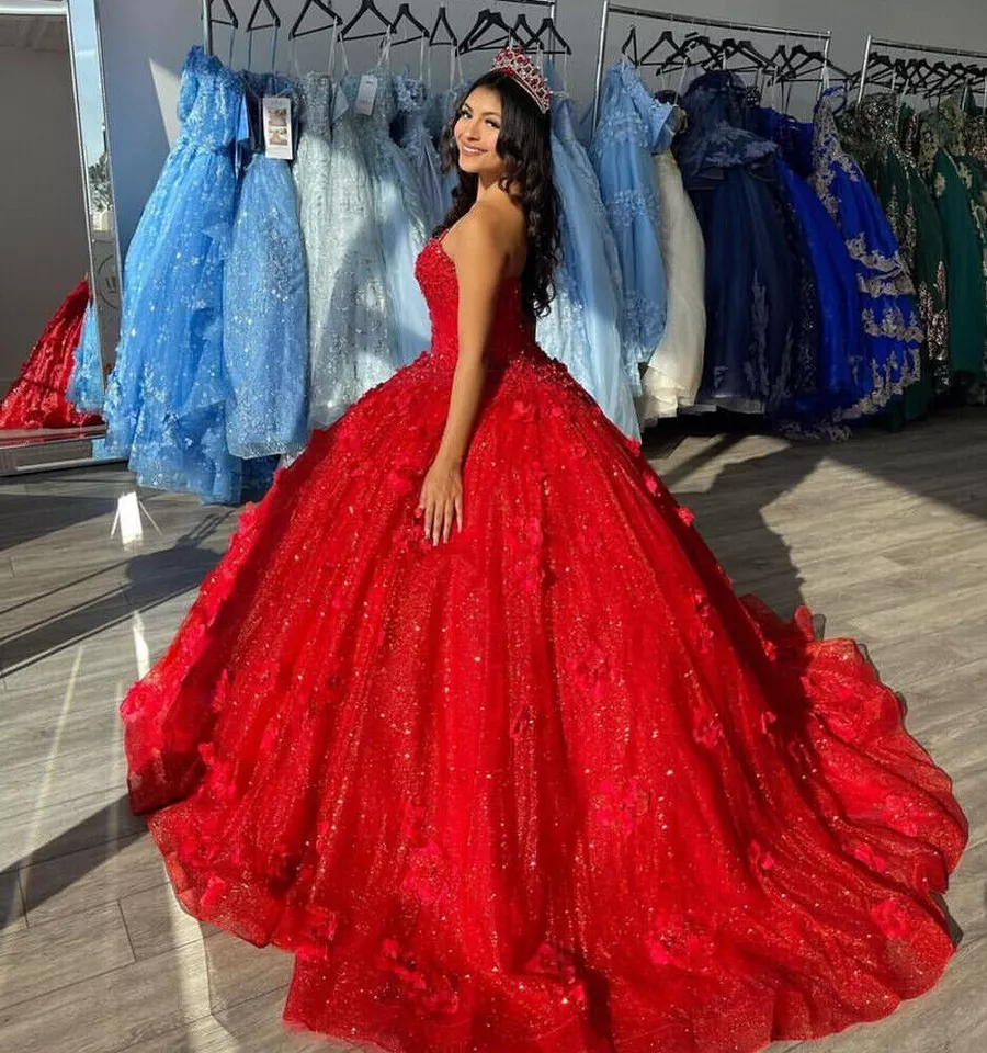 Beautiful Red Sequins Appliques Ball Gown,Strapless A Line Prom Dress Y8213
