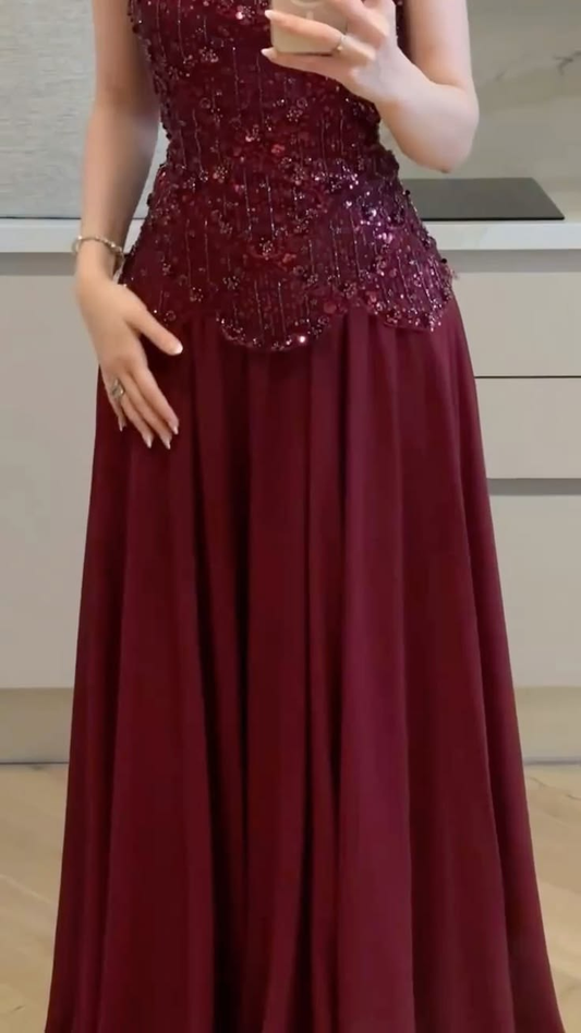 Gorgeous Chiffon Sequin Beaded A Line Long Party Dress Burgundy Prom Gown SP4184