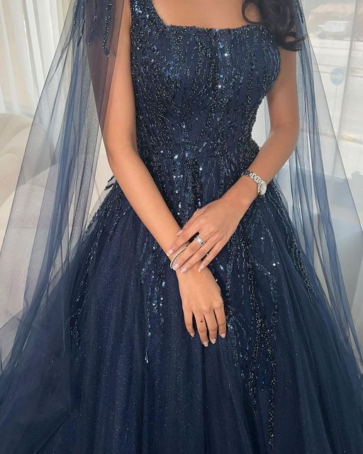 Navy Blue Glitter Square Neck Tulle Long Sleeves Luxury Ball Gown Y488 Simplepromdress Navy Blue Glitter Square Neck Tulle Long Sleeves Luxury Ball Gown Y488 Simplepromdress