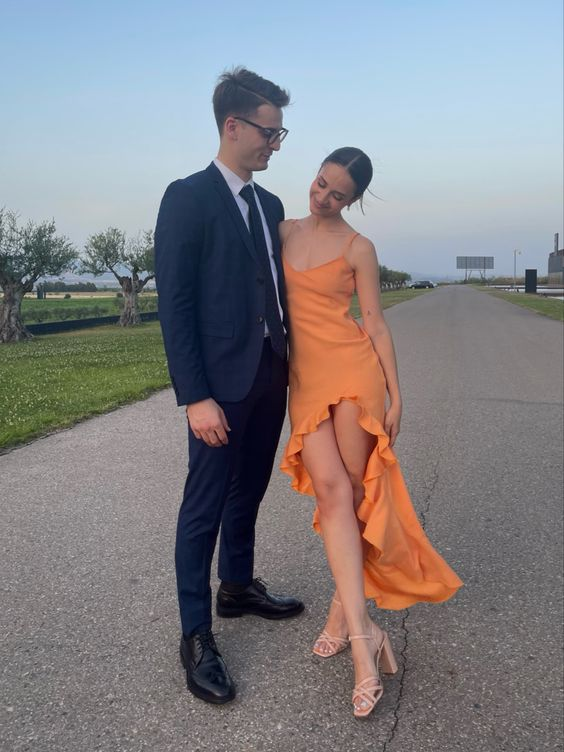 Orange Irregular Ruffle Hem Hi low Prom Dress Y4138 Simplepromdress
