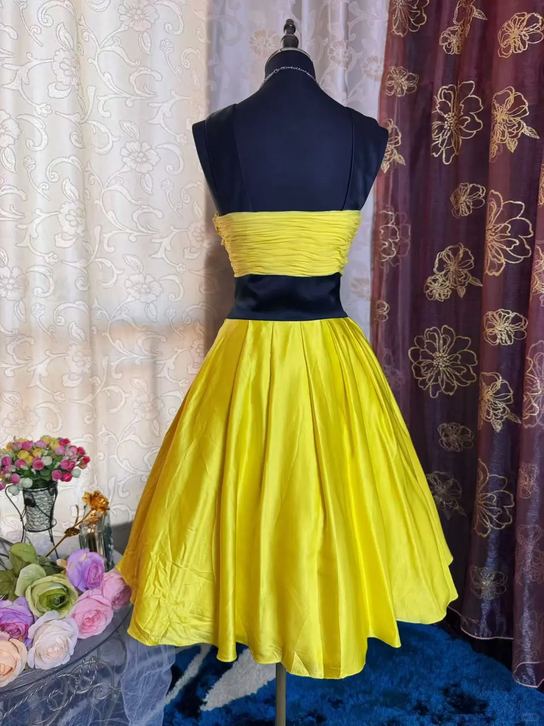 Sexy Yellow Black Splicing Satin A Line Short Homecoming Dress Cocktail Dress Y9758