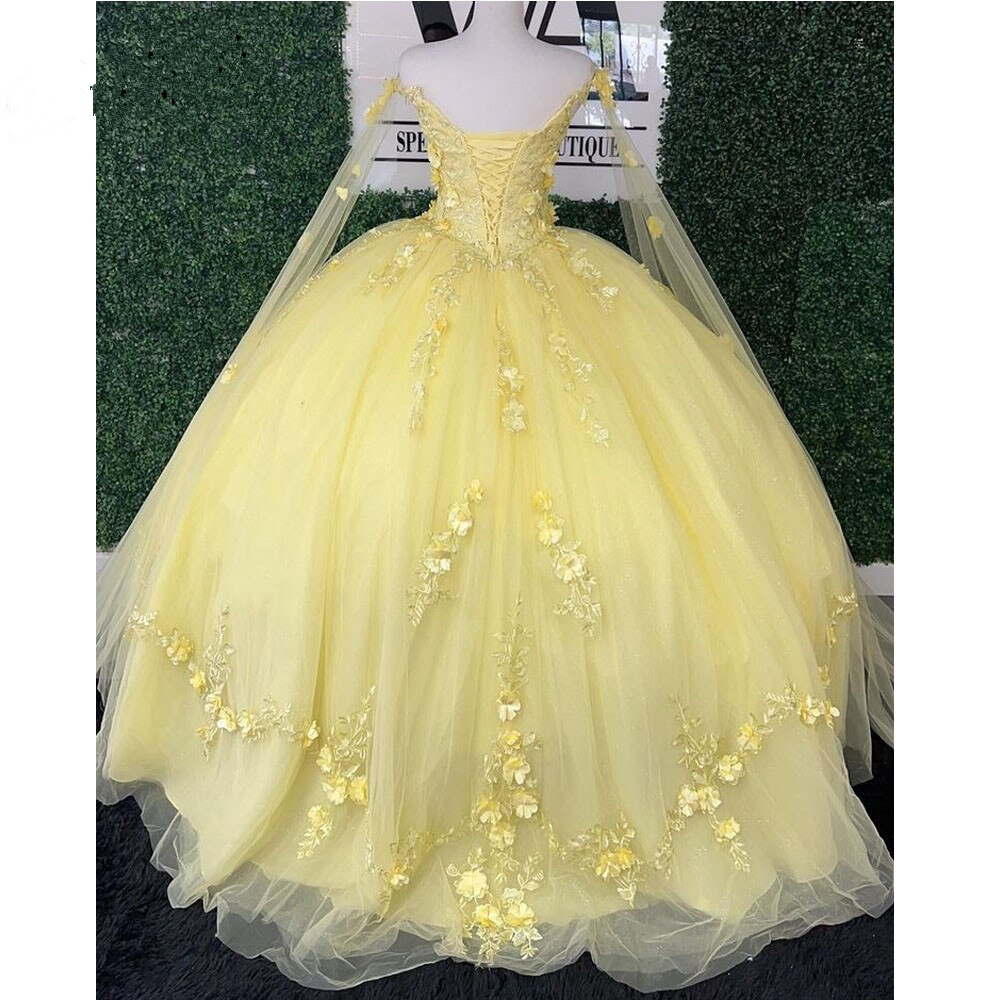 Glitter Yellow Quinceanera Dresses Spaghetti Strap With Wrap Sweet 15 Ball Gowns 3D Flower Bead Y4050
