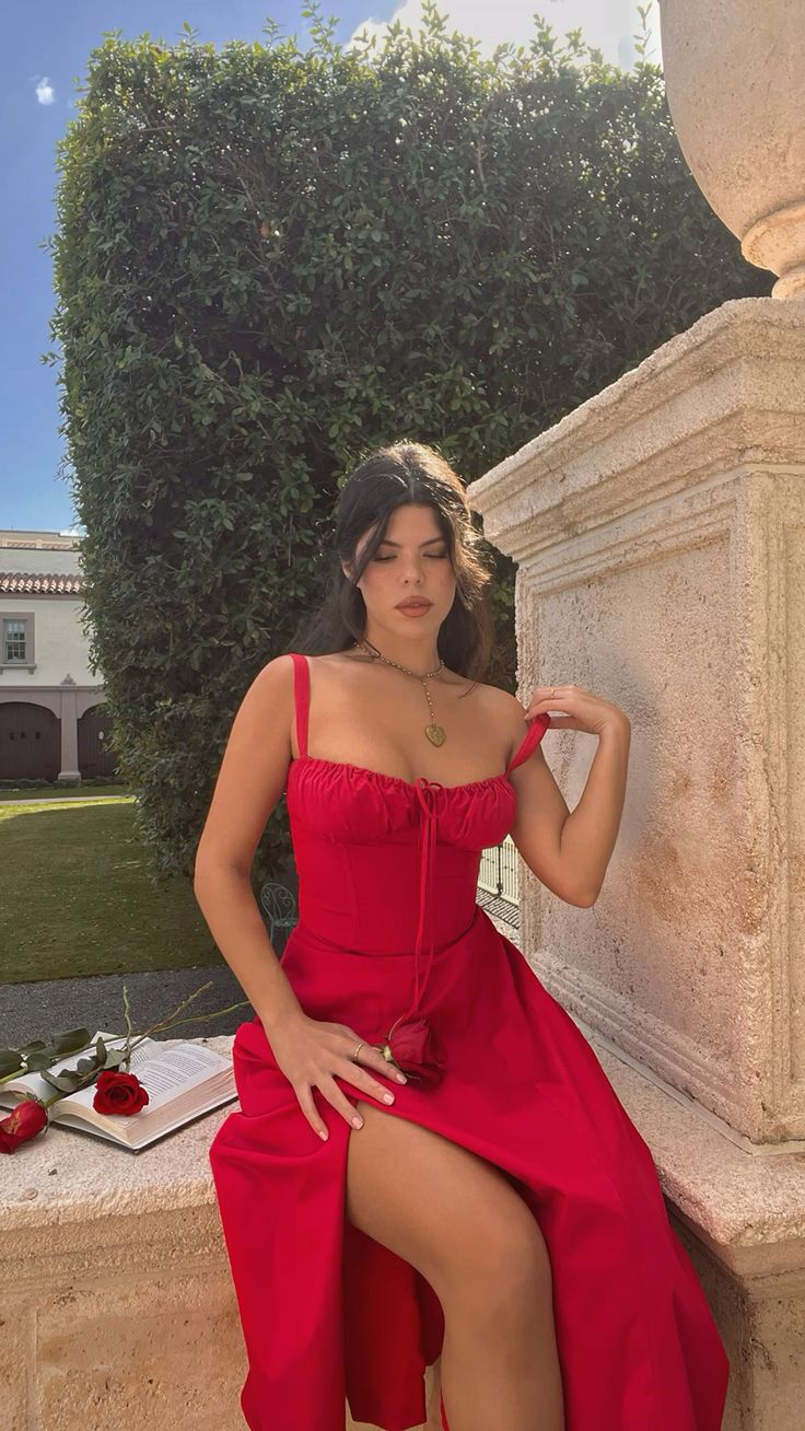 Red Vintage Sexy Romantic Dress High Waist Split Prom Dress Y5060