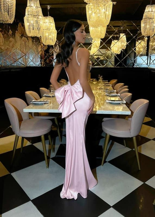 Pink Beaded Spaghetti Straps Prom Dress With Bow,Mermaid Satin Backless Evening Dress Y8754