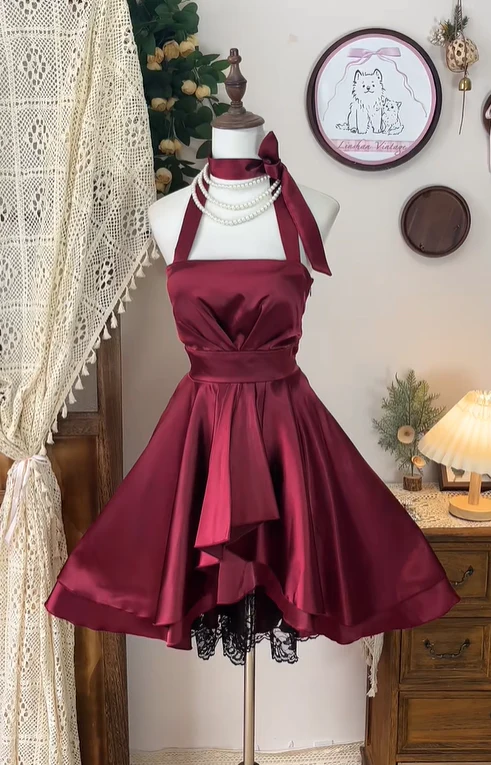 Pretty Burgundy Satin Lace A Line Halter Homecoming Dress Cocktail Dress Y8881