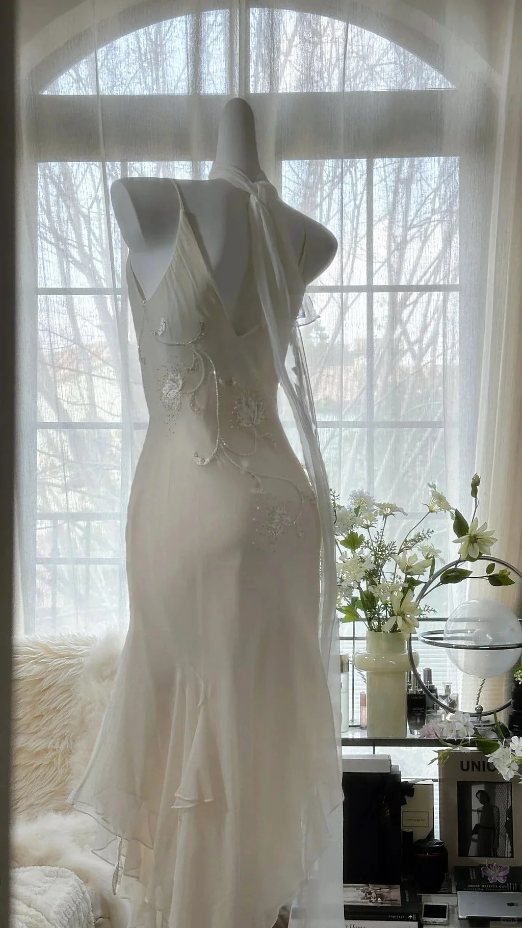Vintage Ivory Chiffon Beaded Evening Dresses, Elegant Mermaid Party Gowns Y8698