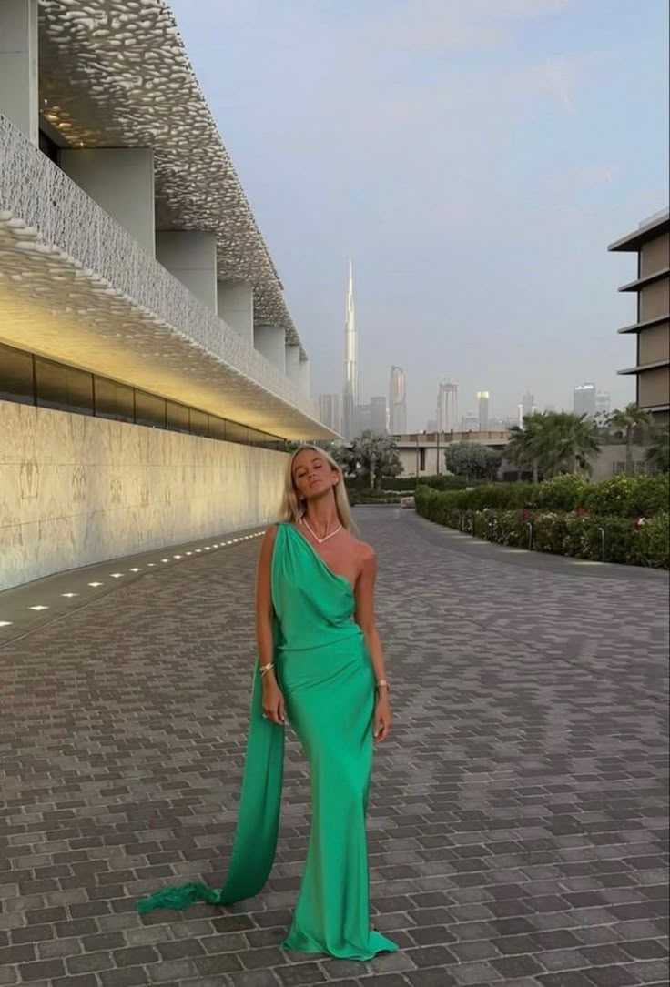 Unique Green One Shoulder Satin Long Evening Dress,Formal Prom Dress Y8489