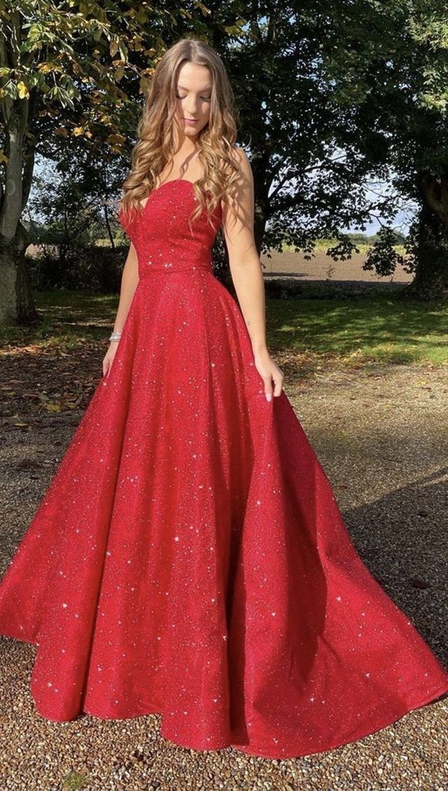Charming Red Strapless Satin Sequin Long Party Dress Birthday Prom Dresses SP1113