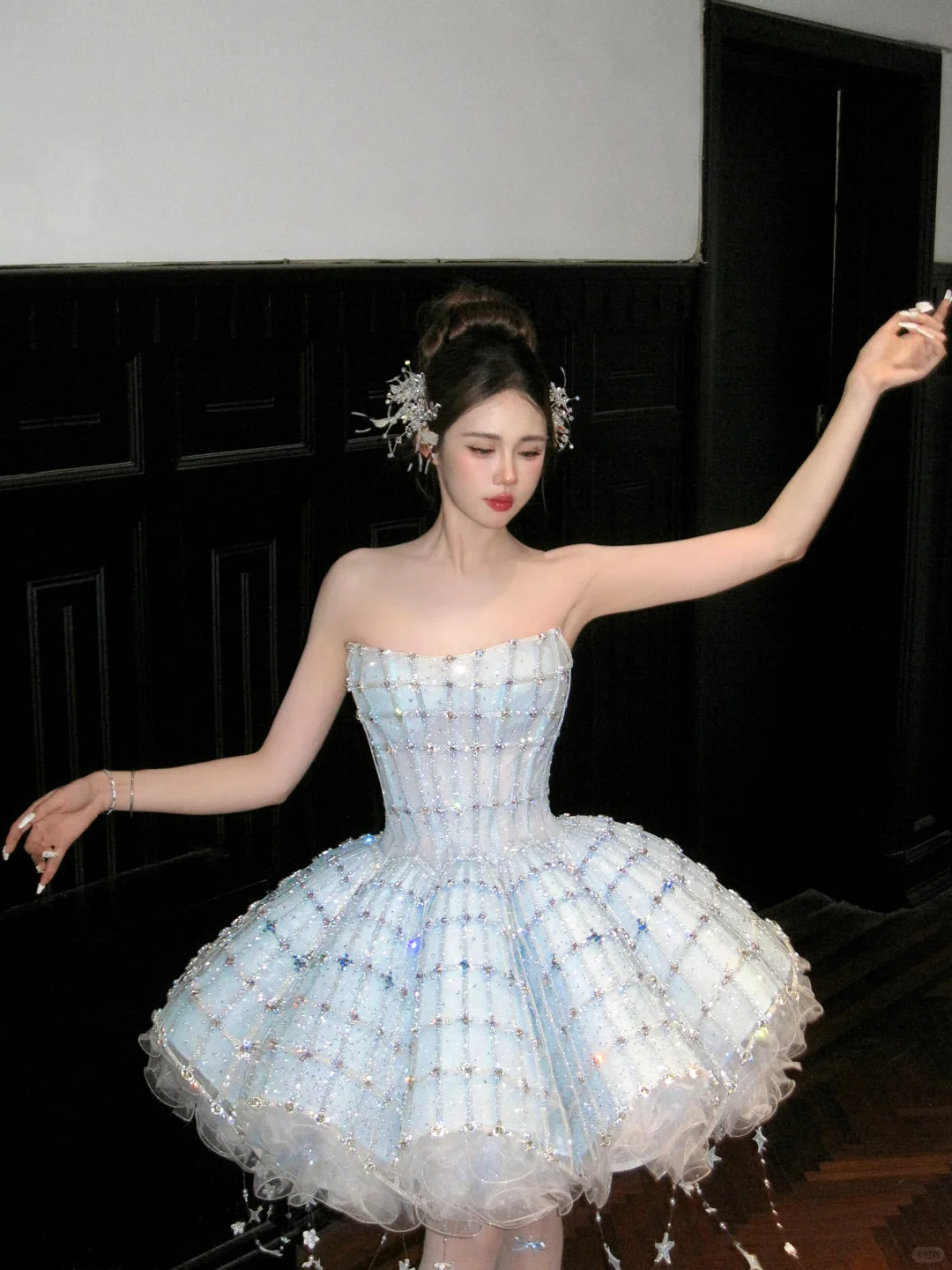 Glitter Blue Strapless Tulle Sequin Beaded A Line Princess Birthday Outfits Short 8th Homecoming Dress Y9210