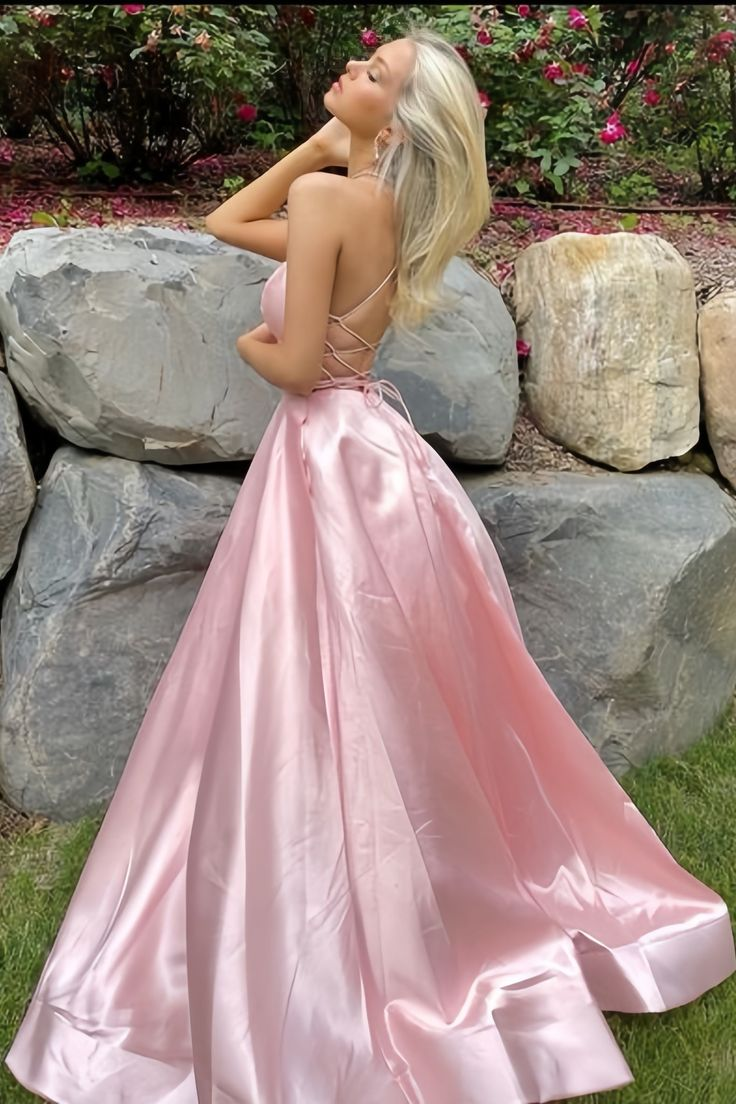 Simple Pink A-Line Satin Party Dress, Side Slit Prom Dress Evening Dress Y8563
