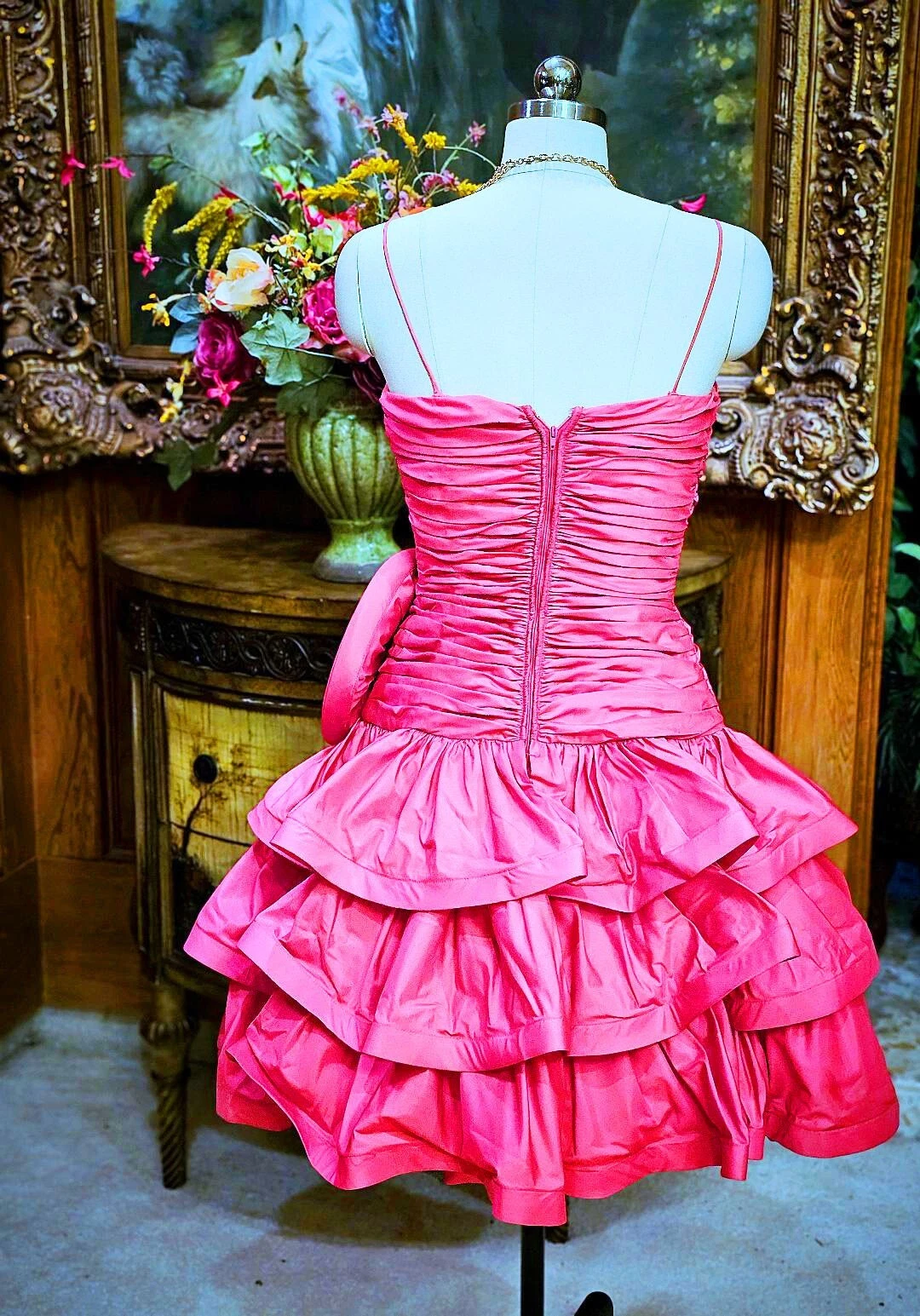 Vintage Hot Pink Tiered Ruched Cocktail Dress Formal Graduation Homecoming Dress Y9841