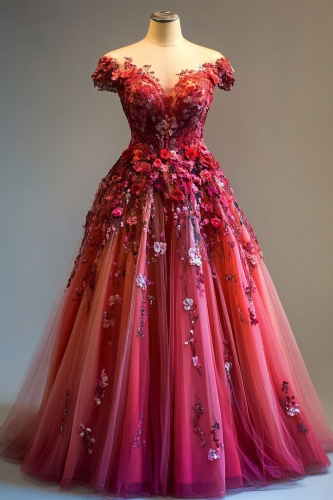 Rose Pink Off The Shoulder Tulle Appliques Ball Gown ,Formal Prom Dress Evening Dress Y8383