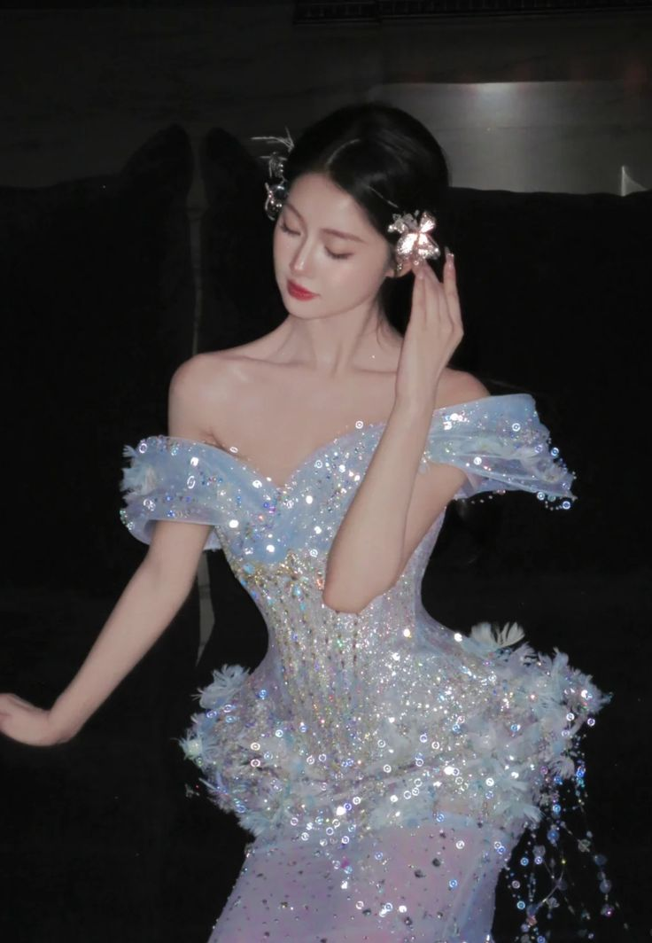 Glamorous Off The Shoulder Sky Blue Tulle Sequin Beaded Mermaid Long Party Dress Prom Dresses SP1273