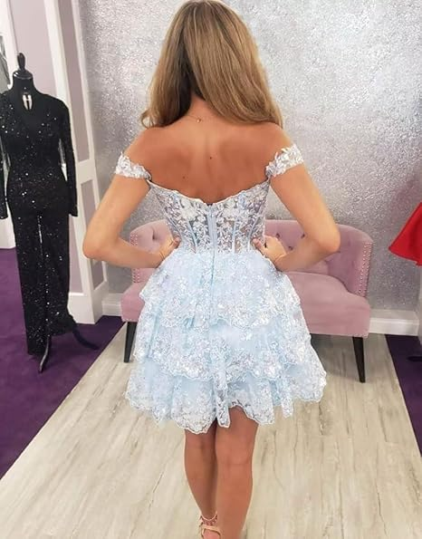 Navy Blue A-Line Sweetheart Lace Tiered Short Homecoming Dress Y8107