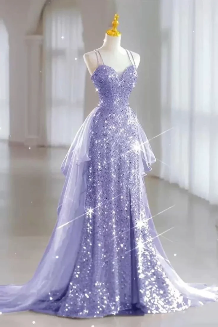 Glitter Lilac Spaghetti Straps Sequin Mermaid Long Prom Dress Evening Gown SP1739