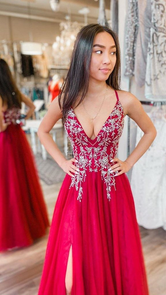 Red A-line Long Prom Dress With Split,Red Formal Dress Y5336