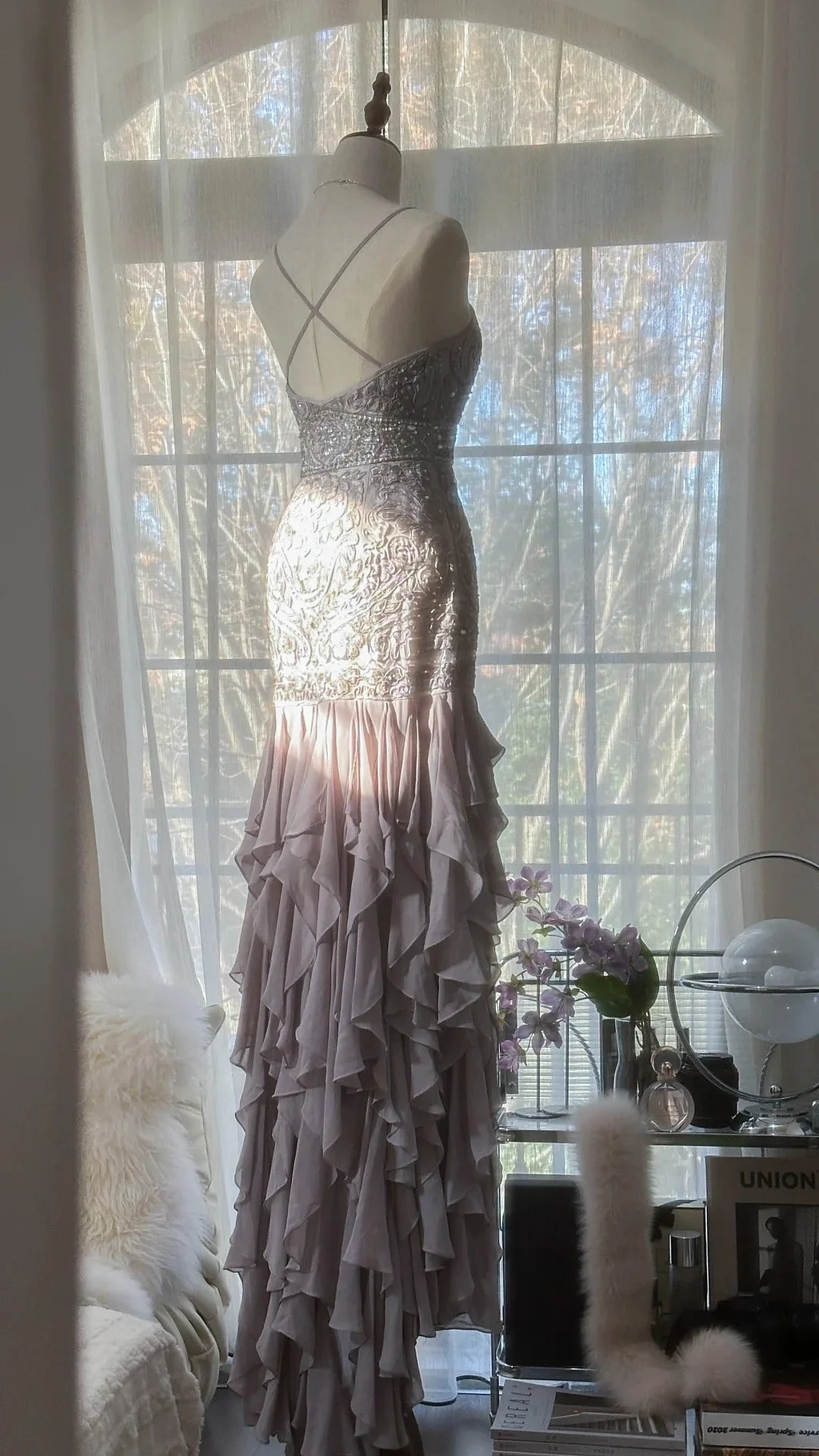 Purple Romantic Beaded Lace Long Chiffon Ruffles Evening Gown Formal Prom Dress Birthday Party Dress Y9791