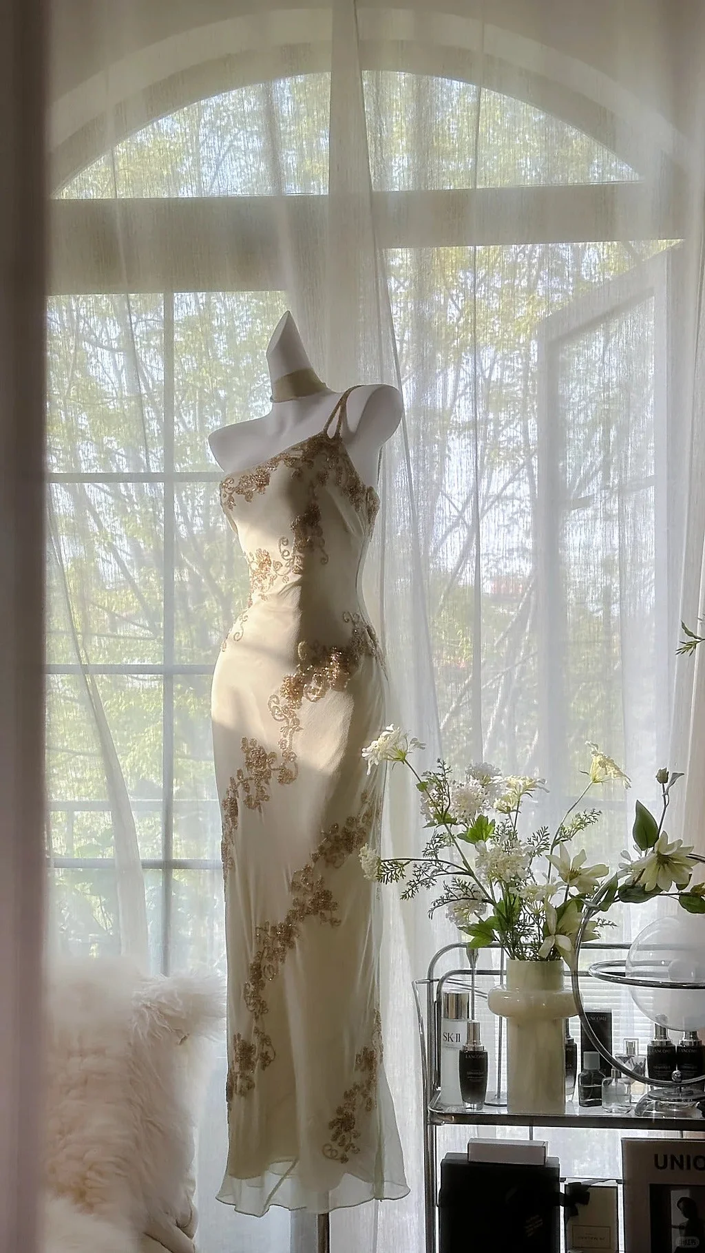 Vintage Ivory White One Shoulder Exquisite Beaded Long Chiffon Birthday Party Dress Evening Dress Prom Dress Y9794