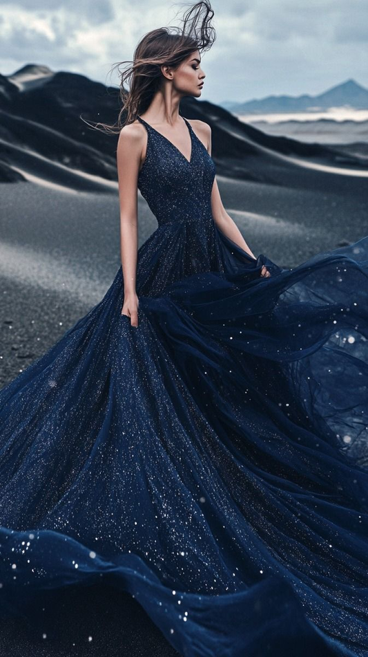 Gorgeous Sequin Tulle A Line Prom Dress,Navy Blue V Neck Evening Dress Wedding Dress Y8381