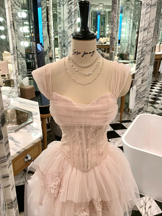 Sweet Sleeveless Pink Tulle Appliques Short Graduation Homecoming Dress Mini Prom Dress Two Piece SP2357