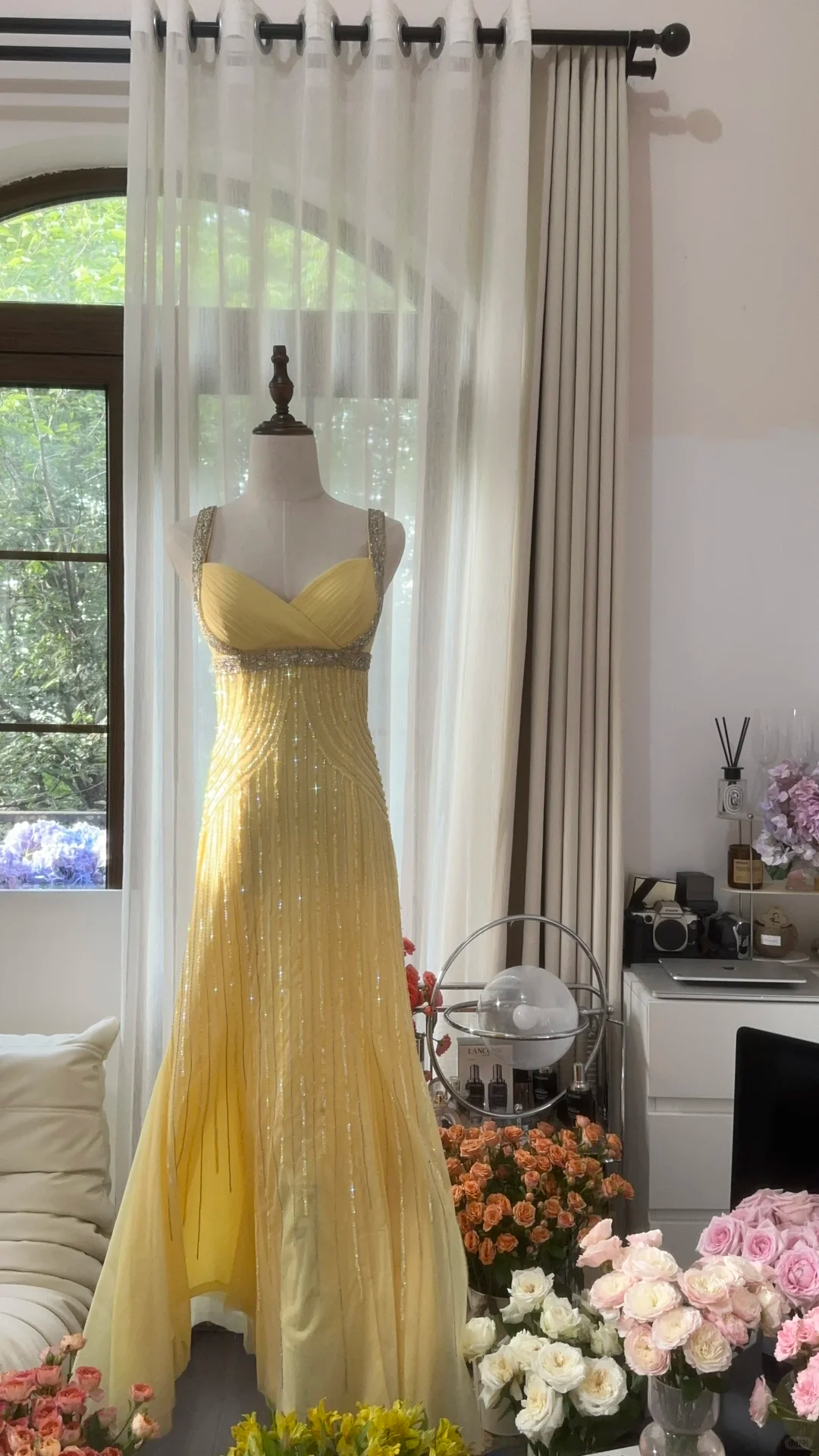 Shiny Yellow Chiffon Sequin Mermaid Long Backless Evening Dress Party Dress Wedding Guest Y9792
