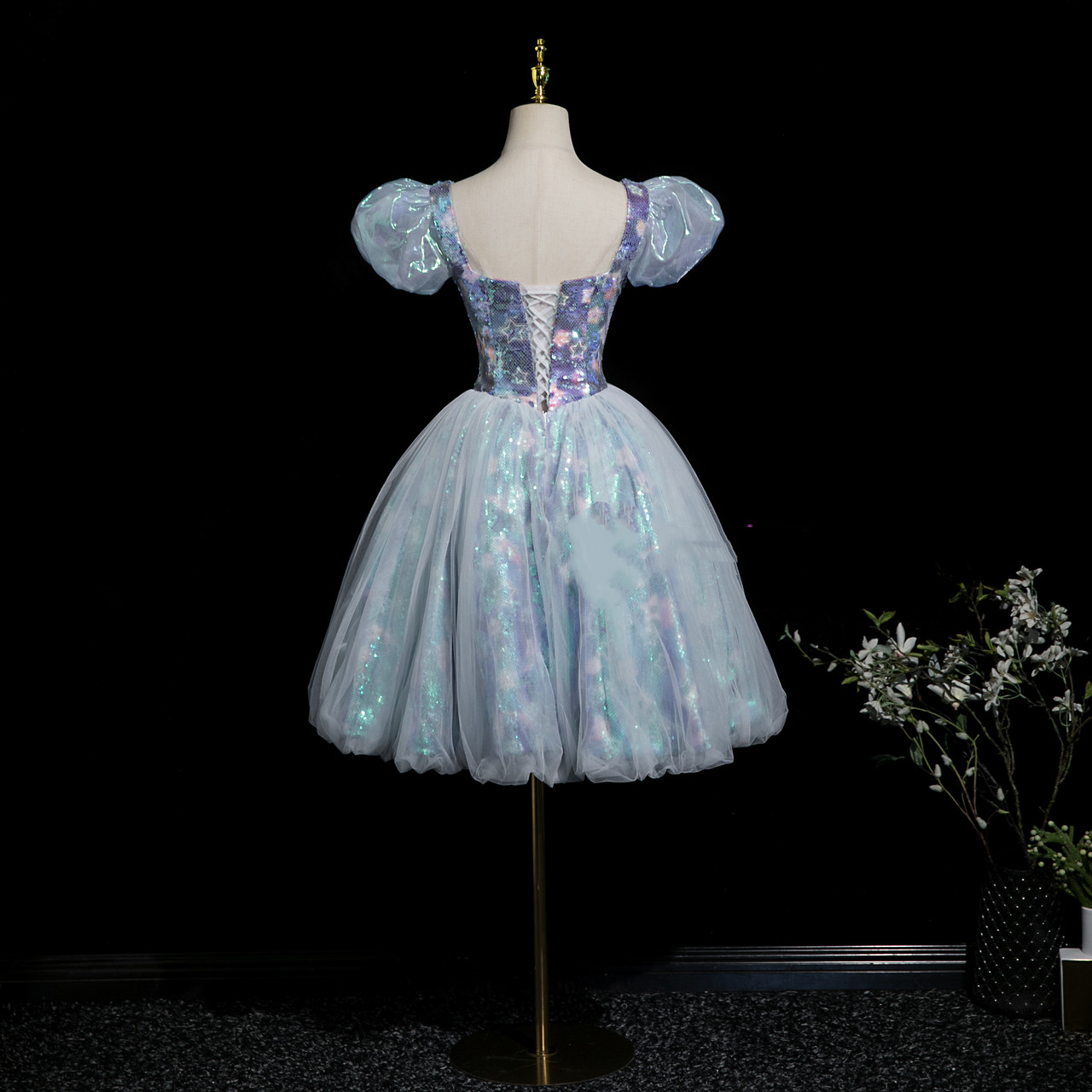 Classy Square Neck Blue Sequin Floral Tulle A Line Formal Homecoming Dress Birthday Outfits Y9886