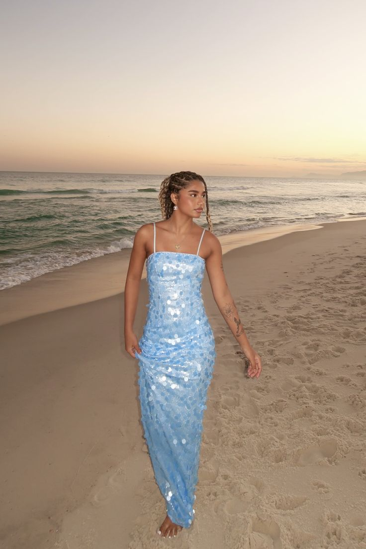 Elegant Blue Sequin Long Party Dress Spaghetti Straps Birthday Prom Dress SP1408