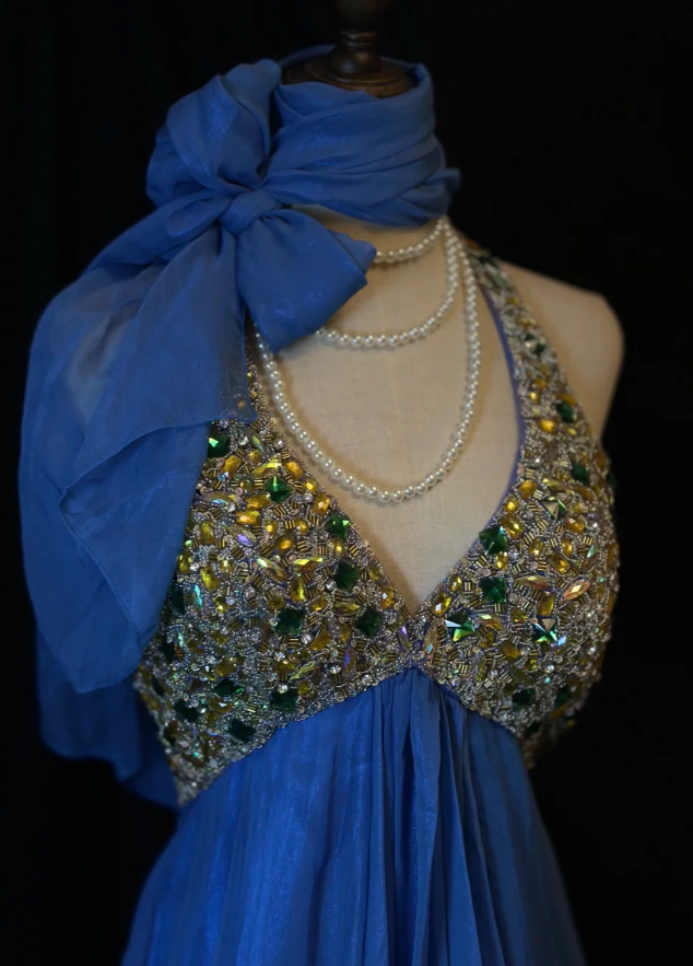 Vintage Blue Chiffon beaded Cocktail Dress Halter Short Backless Homecoming Dress Y8944