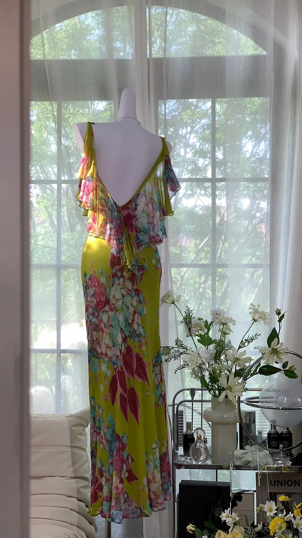 Romantic Green Backless Long Chiffon Print Floral Evening Dress Birthday Party Dress Prom Dress Y9775