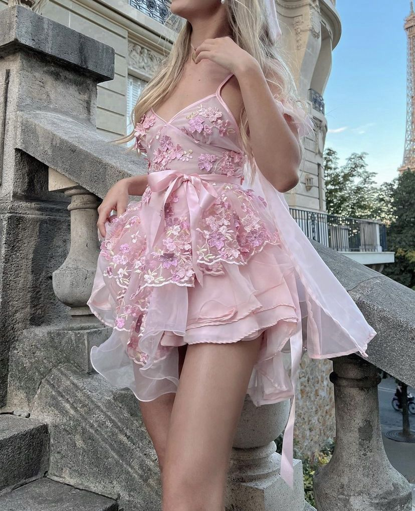 Sexy Pink Spaghetti Straps Tulle Appliques Short 19th Birthday Outfit Formal Homecoming Dress SP58