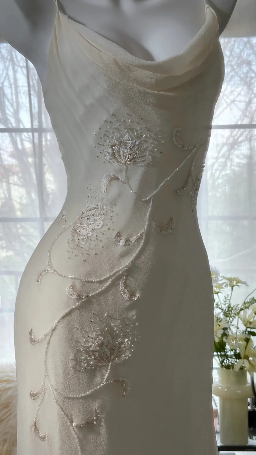 Vintage Ivory Chiffon Beaded Evening Dresses, Elegant Mermaid Party Gowns Y8698