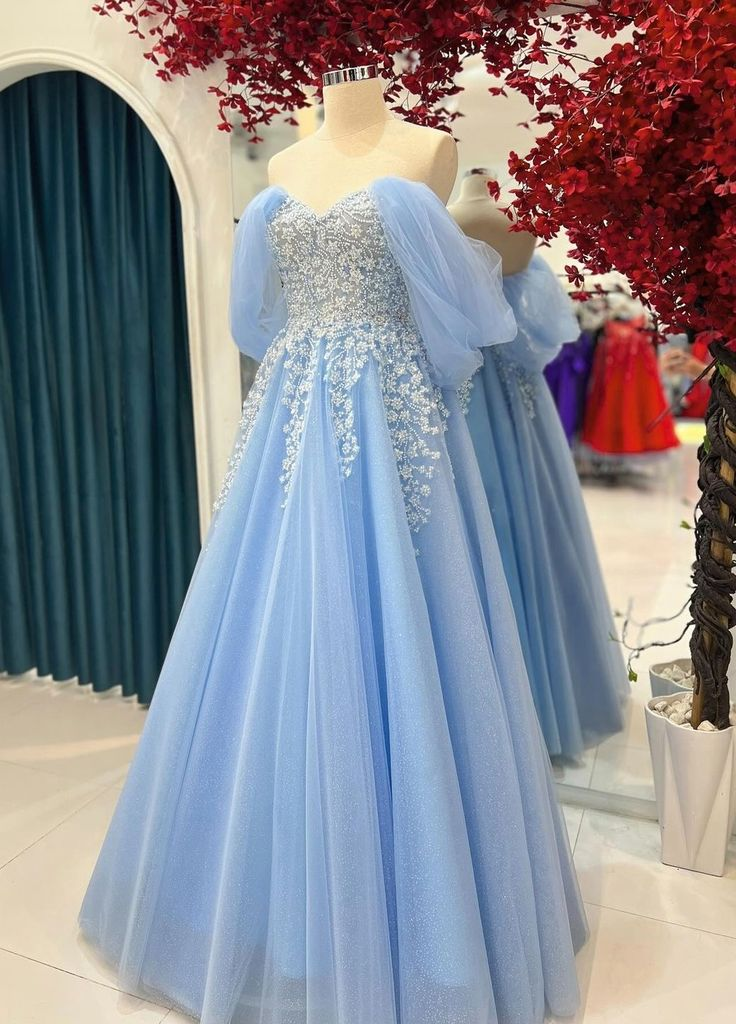 Women's Elegant Baby Blue Tulle Prom Dress, Off-the-shoulder floor len Simplepromdress Women's Elegant Baby Blue Tulle Prom Dress, Off-the-shoulder floor len Simplepromdress