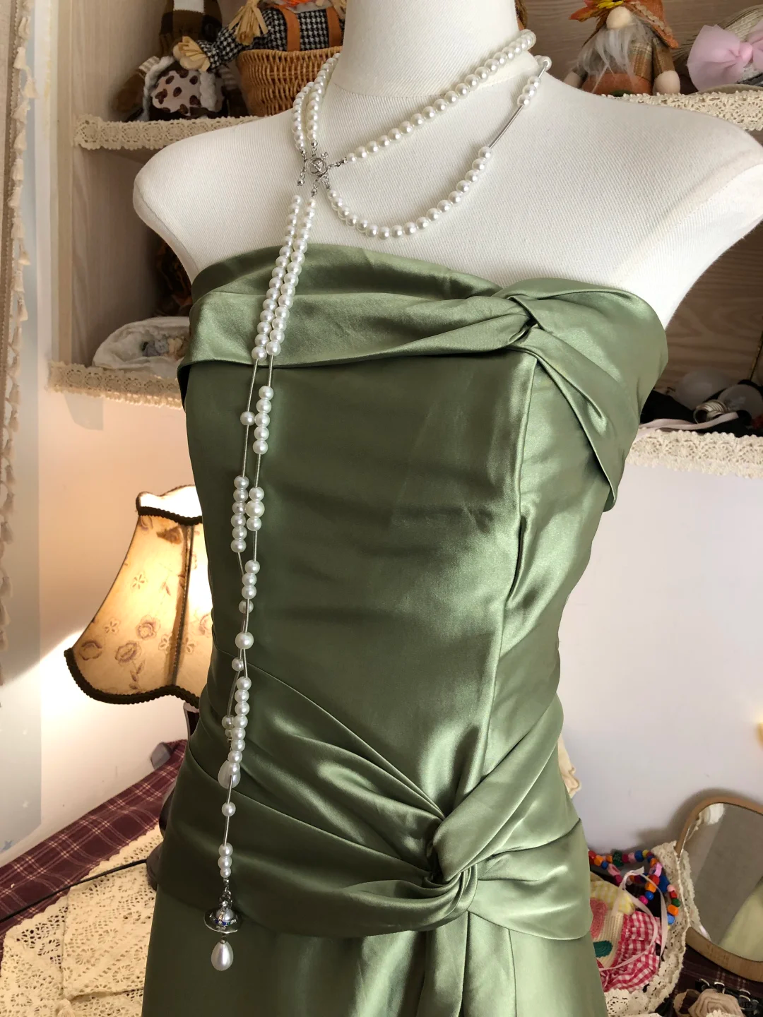Vintage Green Strapless Satin Long Party Dress Formal Prom Dress Y9465