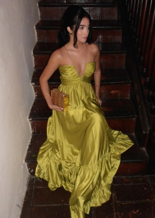Sexy Ruched A Line Halter Sleeveless Long Prom Dress Chartreuse Evening Dress Y8810