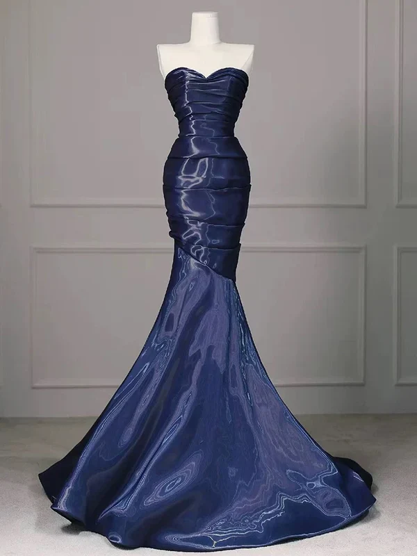 Gorgeous Nevy Blue Mermaid Strapless Pleated Long Prom Dress,Evening Dress Y7987