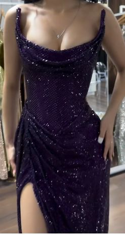 Sparkly Strapless Purple Sequin Mermaid Long Slit Party Dress Evening Dress Formal Prom Dress Y9500