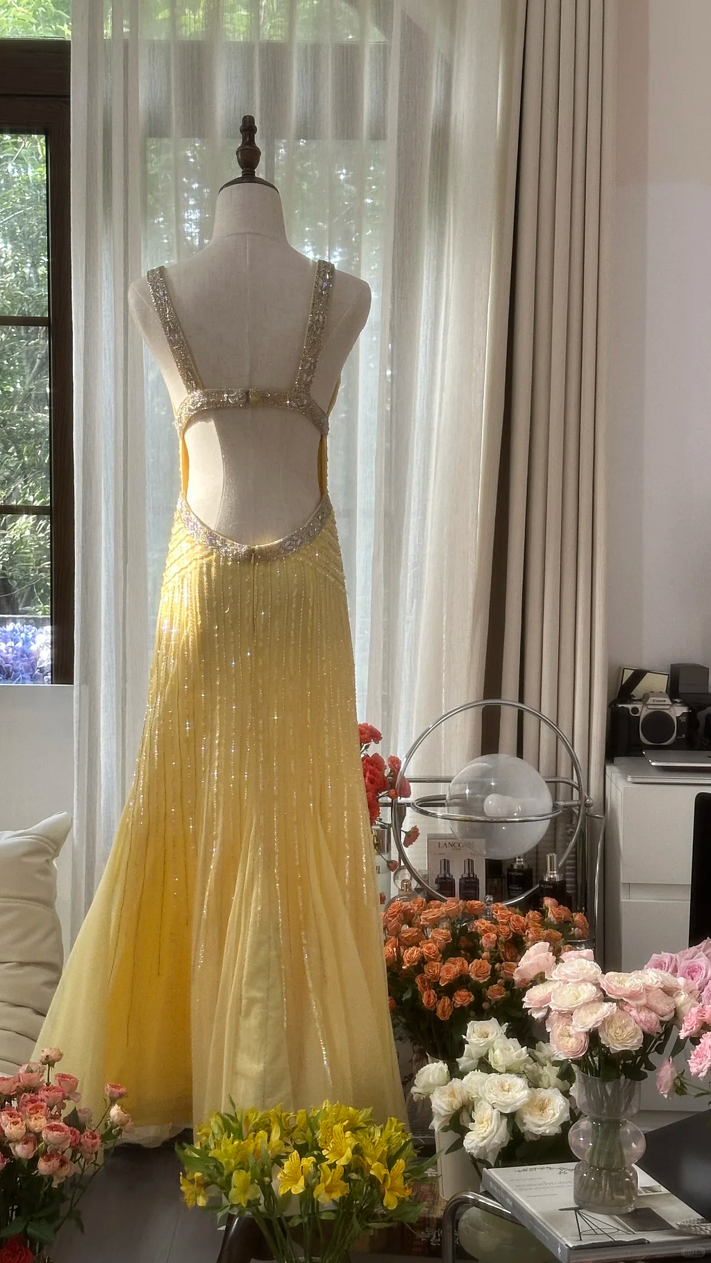 Shiny Yellow Chiffon Sequin Mermaid Long Backless Evening Dress Party Dress Wedding Guest Y9792