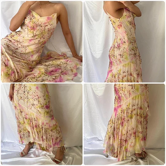 Vintage Spaghetti Straps Chiffon Beaded Long Prom Dress Evening Dress Y9767