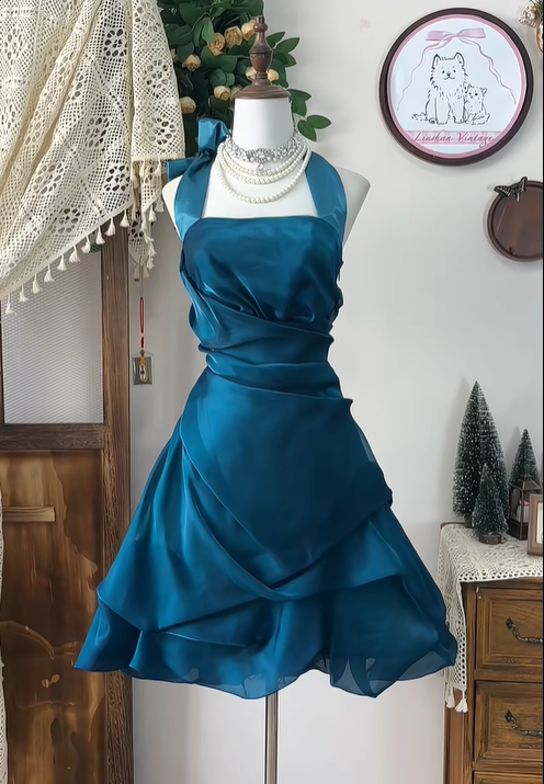 Unique Peacock Blue Halter Pleated A Line Homecoming Dress Cocktail Dress Y8891
