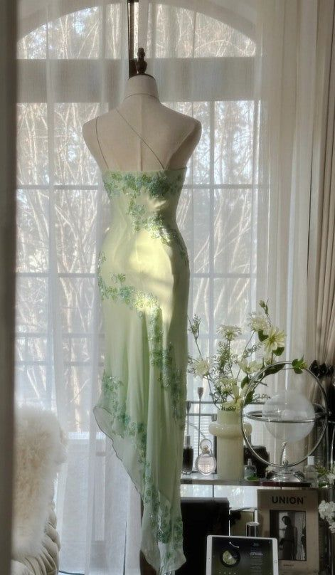 Elegant Green One Shoulder Chiffon Beaded Prom Dress,Mermaid Evening Dress Y8559