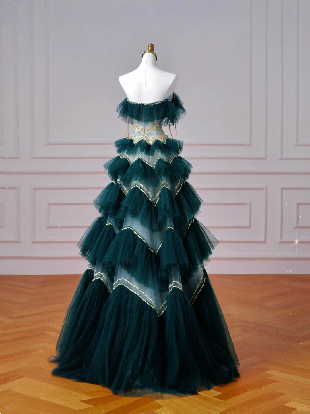 Vintage Dark Green Tulle Sequins Layered A Line Prom Dress,Strapless Evening Dress Y8606