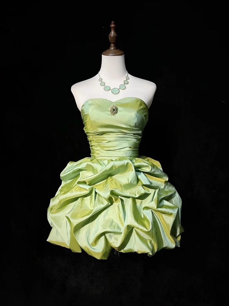 Vintage Green Strapless Satin Pleated Short Cocktail Dress Formal Graduation Homecoming Dress Y9564