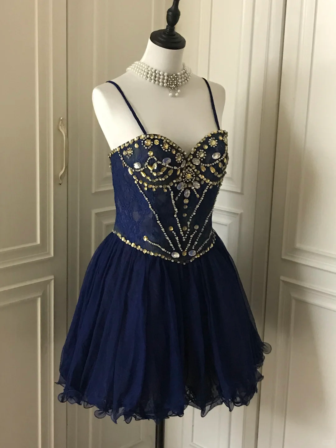 Vintage Spaghetti Straps Lace Beaded Cocktail Dress Navy Blue Homecoming Dress Birthday Outfits Y9056