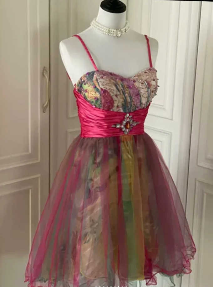 Unique Spaghetti Straps Tulle Sequin Homecoming Dress Cocktail Dress Y9053