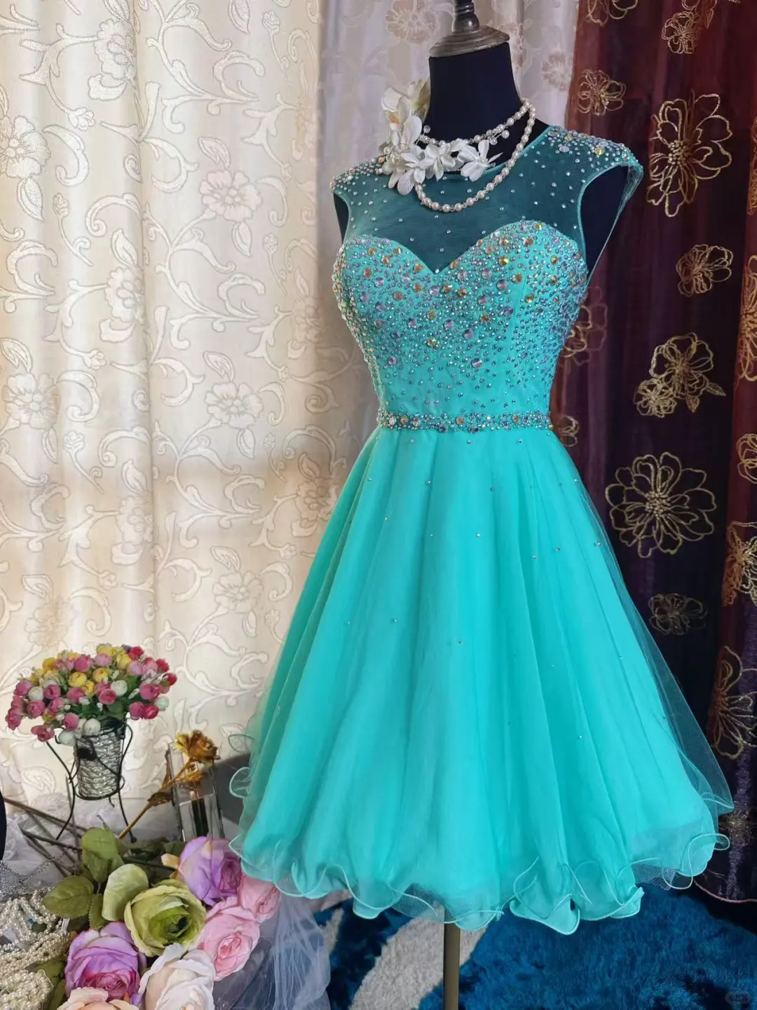 Gorgeous Green Tulle Beaded A Line Short Homecoming Dress Formal Birthday Outfits Y9471