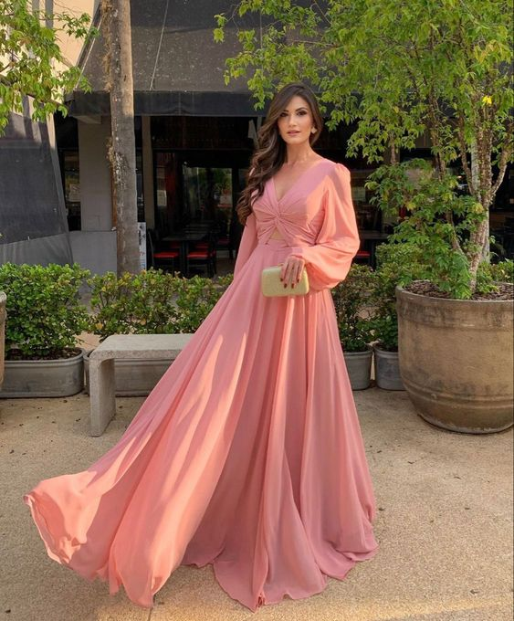 Women's Long Sleeve Country Bridesmaid Dress V Neck Chiffon Evening Dress Y7208