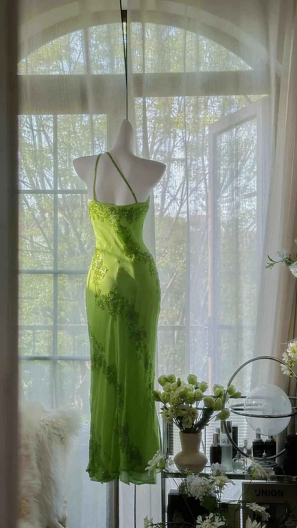 Vintage Evening Dresses, Green Spaghetti Straps Chiffon Beaded Party Gowns Y8695