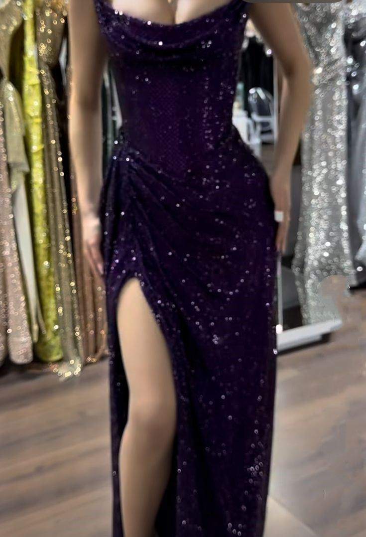 Sparkly Strapless Purple Sequin Mermaid Long Slit Party Dress Evening Dress Formal Prom Dress Y9500