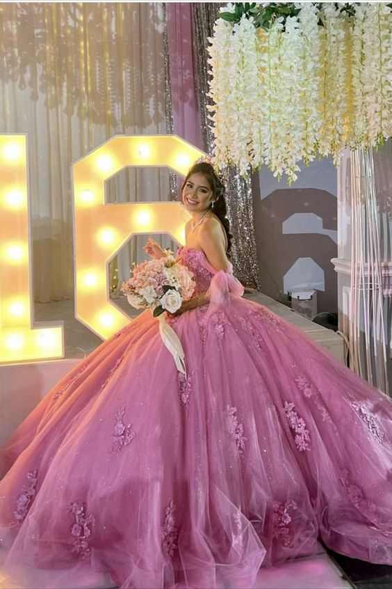 Off the shoulder deals quinceanera dresses pink